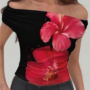 New SHEIN Floral Off-Shoulder Black and Red Top size large